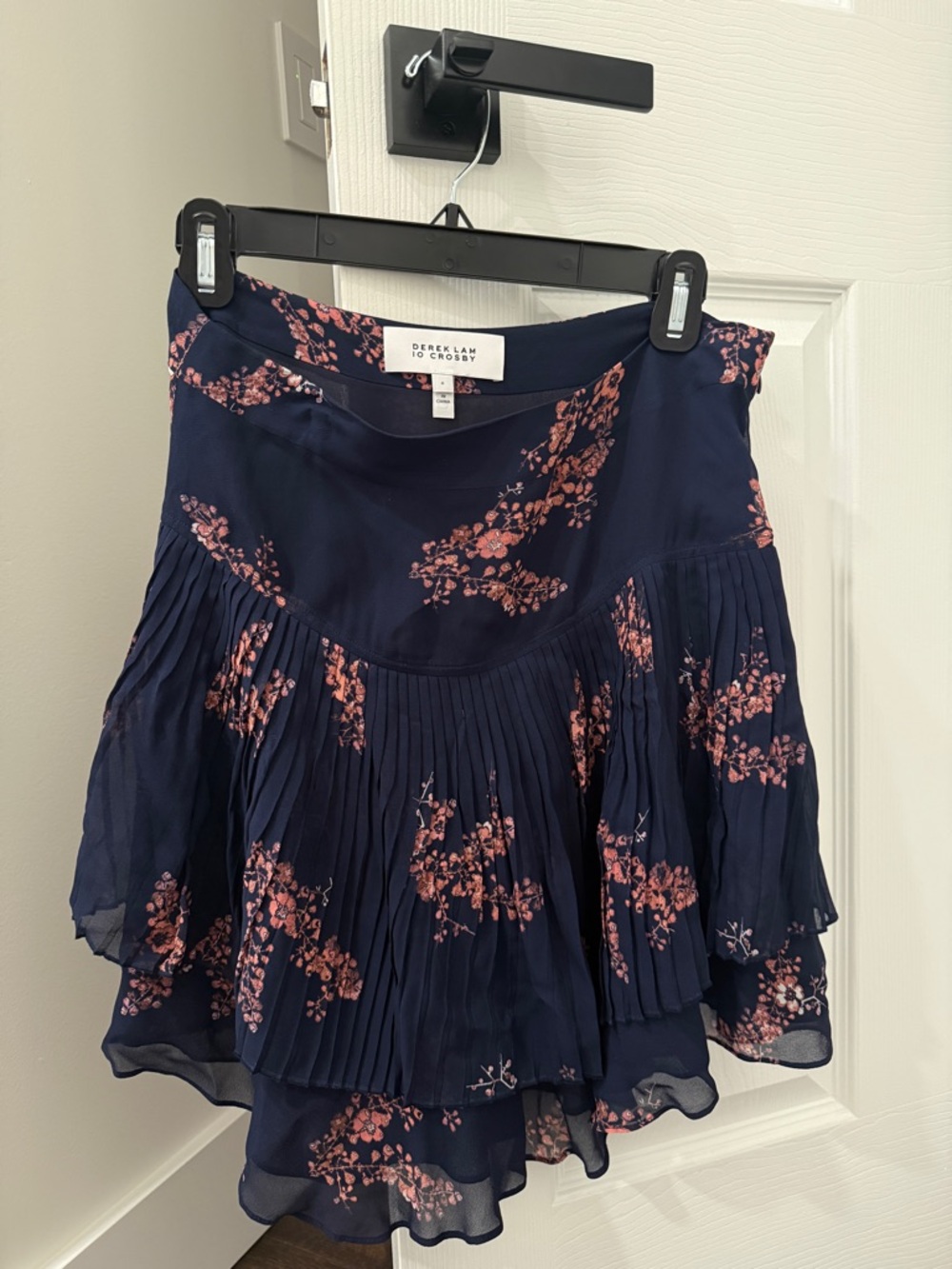 10 Crosby Derek Lam Navy Blue Mini Skirt with Pink Floral Print
